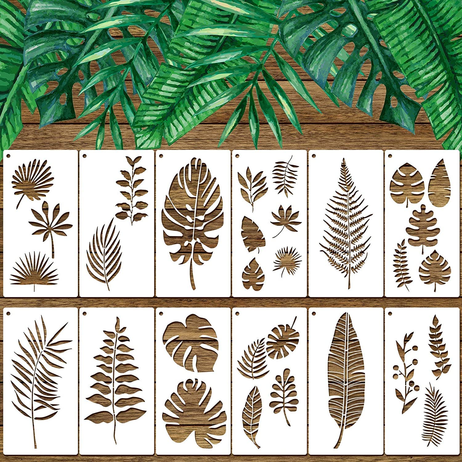 12 Tropical Leaf Stencils - Fern, Monstera, Palm, Turtle Leaves - Botanical Wall Stencil Set for Furniture, Canvas, Wood Plank Crafts DIY (6 x 12 Inches)