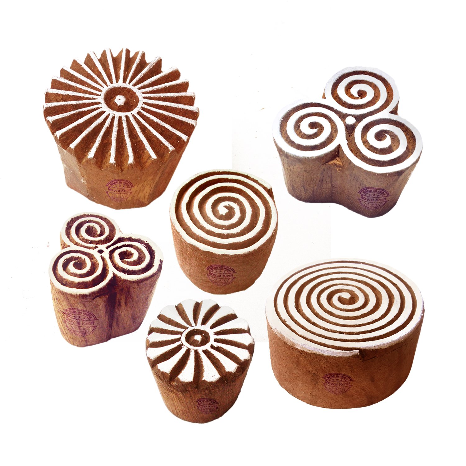 Pottery Printing Blocks Ethnic Round Swirl Pattern Wooden Stamps (Set of 6) Htag2078