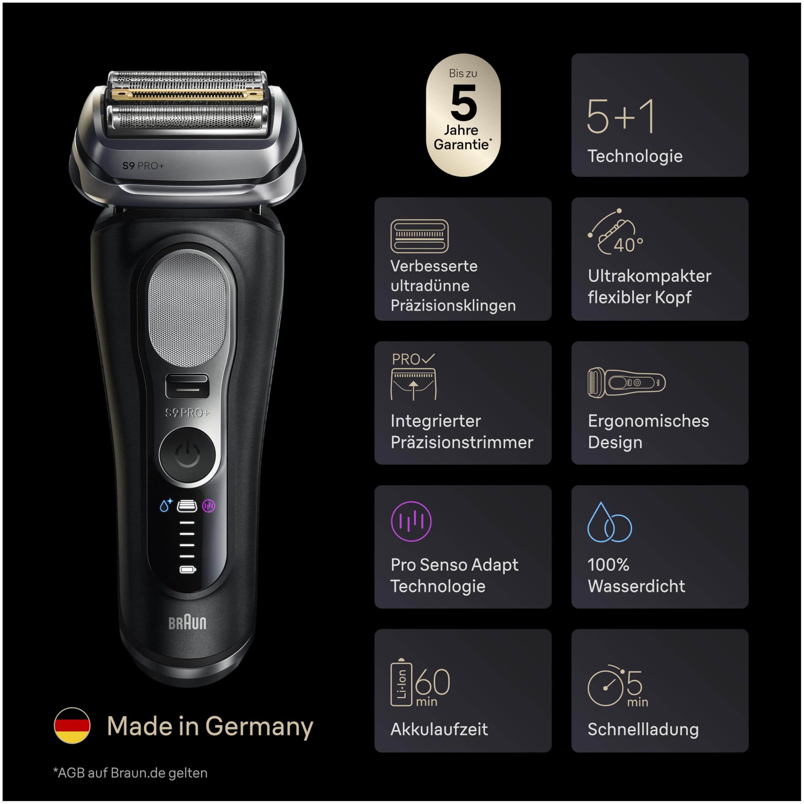 Braun Series 9 PRO+ Elektrorasierer Herren, 5+1 Ultradünne Präzisionsklingen, Pro-SensoAdapt, Rasierapparat mit 60 Min. Akku, Ladeständer, Nass- und Trockenrasierer Made in Germany, 9610si, Schwarz 7