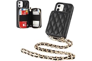 ShunJieTech for iPhone 12 Mini Case,for iPhone 12mini Wallet Case with Card Holder,Crossbody Chain Purse Wrist Handbag Strap Leather Cover Case [Card Slots][Coin Zipper Pocket](5.4")-Black