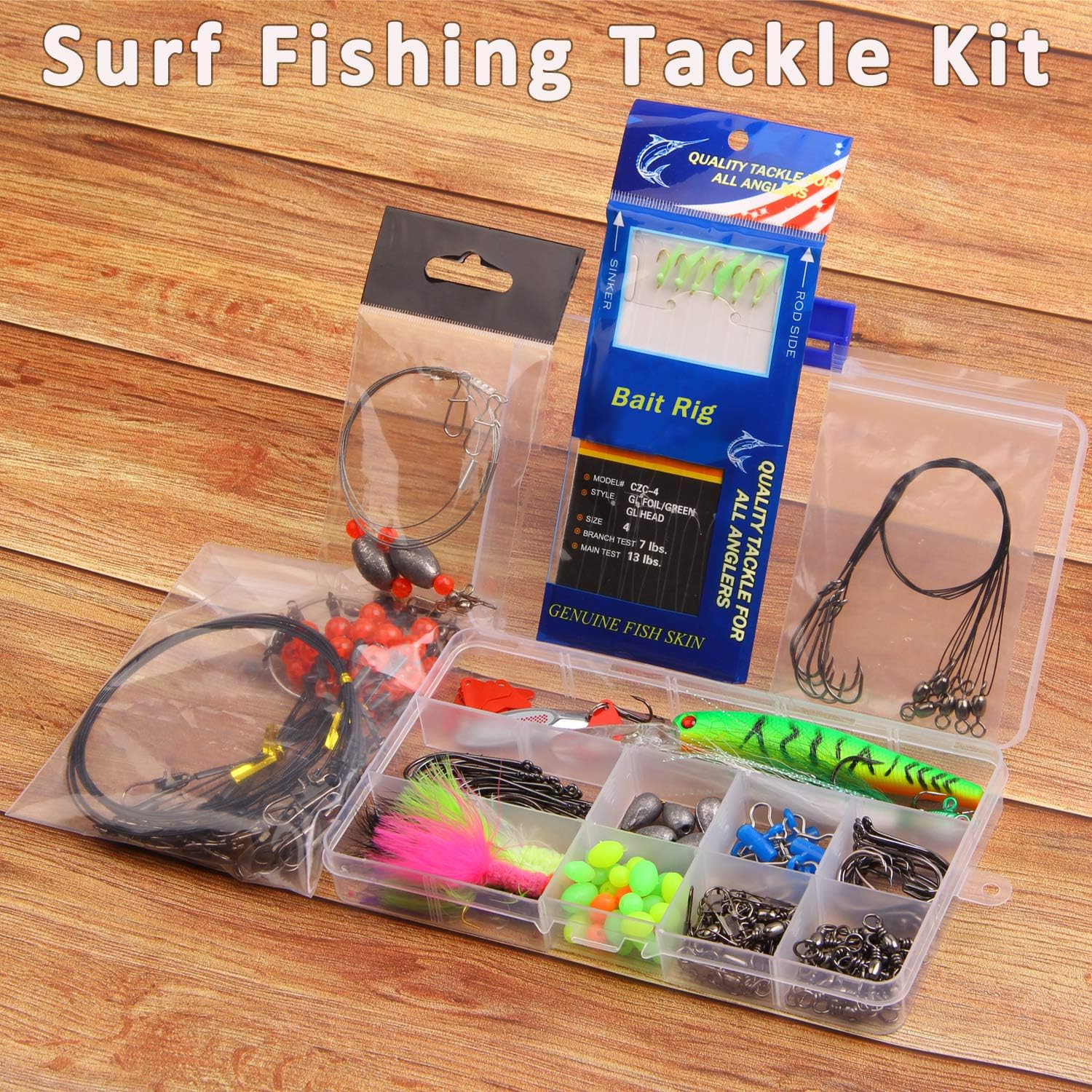 150pcs Saltwater Fishing Lures Surf Fishing Tackle Kit - Fishing Bait Rigs, Fishing Circle Hooks, Fishing Swivel Snaps, Hard Bait Minnow, Bucktail Jig, Metal Spoon, Sinker Weight, Various Accessories: Home Improvement