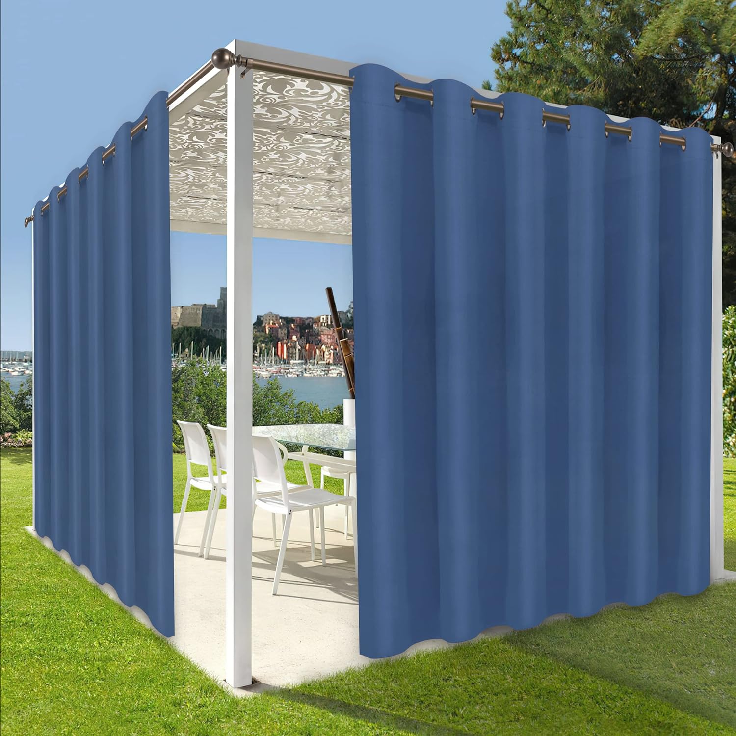Outdoor Curtains - OutdoorLines Waterproof Indoor Outdoor Curtains for Patio – Privacy Sun Blocking Grommet Curtain Panel Weatherproof, UV Resistant Curtains for Gazebo, Porch, Pergola Navy Blue 100W x 84L 1 Panel