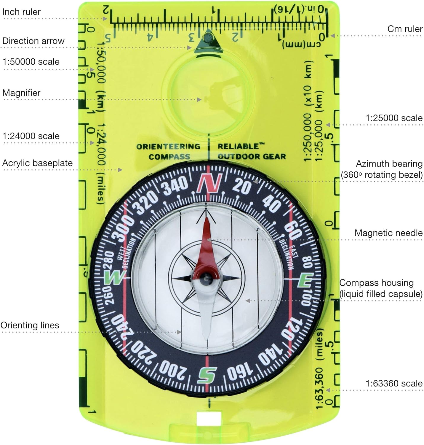 Reliable Outdoor Gear Professional Boy Scout Compass - Liquid Filled, Rotating Bezel, Magnetic Heading - for Navigation, Orienteering and Survival : Sports & Outdoors