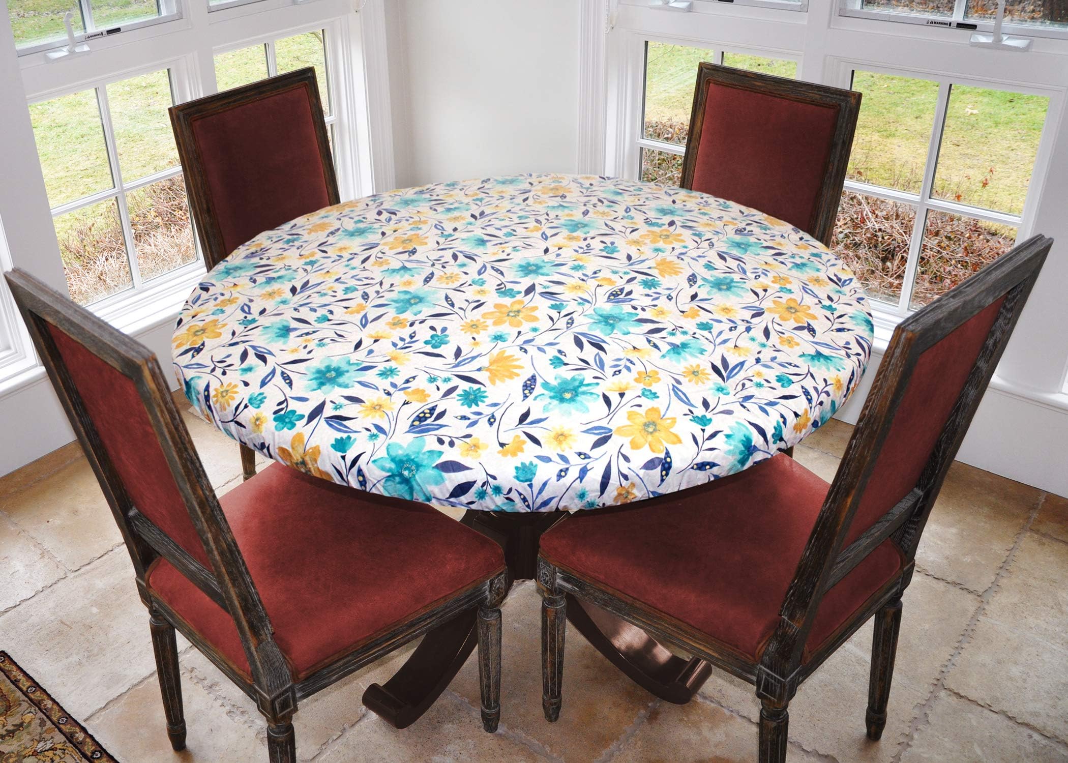 Covers For The Home Deluxe Elastic Edged Flannel Backed Vinyl Fitted Table Cover - Floating Floral Pattern - Small Round Oblong Oval - Fits Tables up to 40" - 44" Diameter