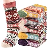 Bodvera Wool Socks for Womens Warm Thermal Winter Thick Cozy Cabin Crew Knit Vintage Socks Gifts 5 Pairs