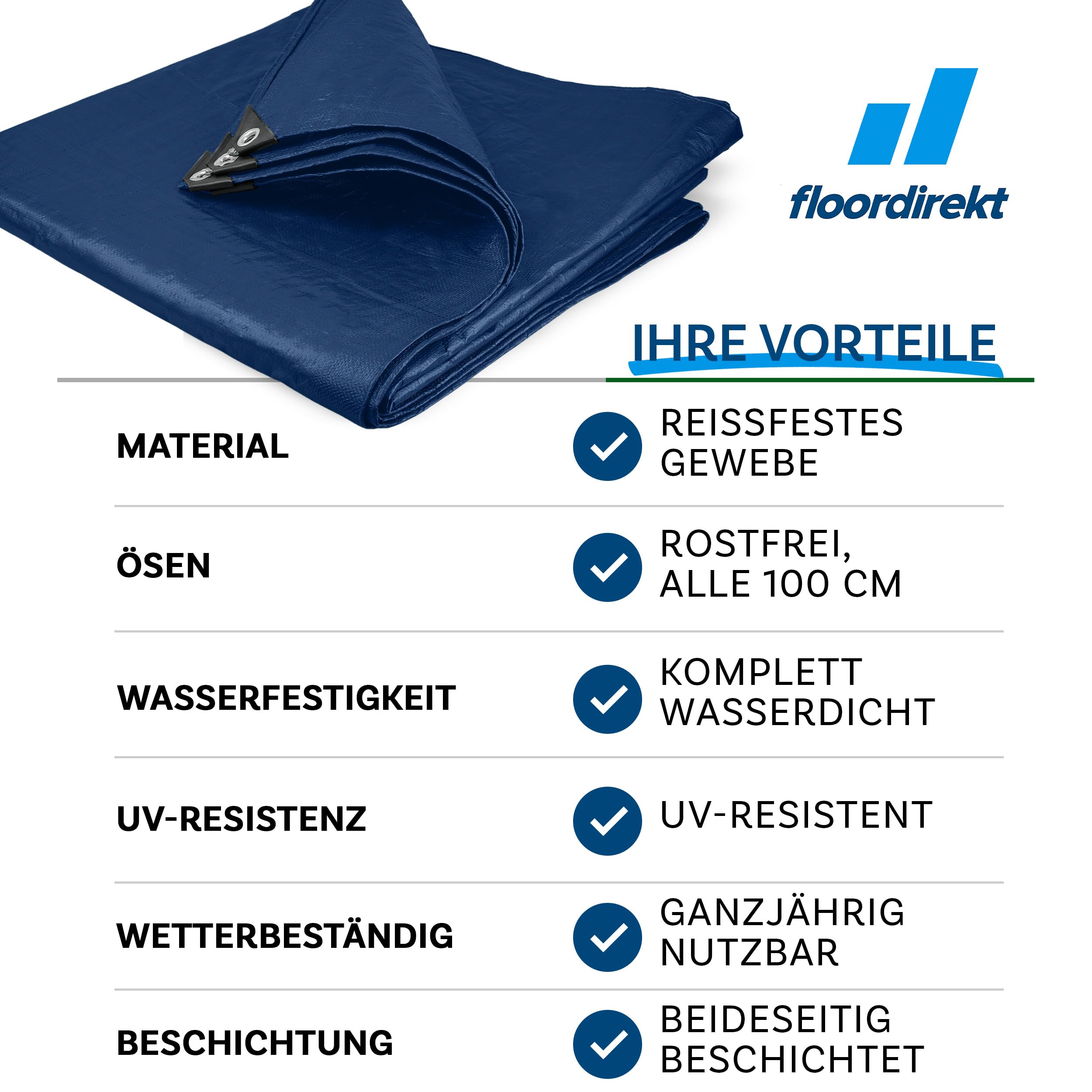 Floordirekt Abdeckplane | Gewebeplane | Schutzplane | Bootsplane Zeltunterlage für Camping & Outdoor Garten wasserdichte Planemit Ösen Viele Größen & Farben 4x6m 24m² 140 g/m², Blau 4