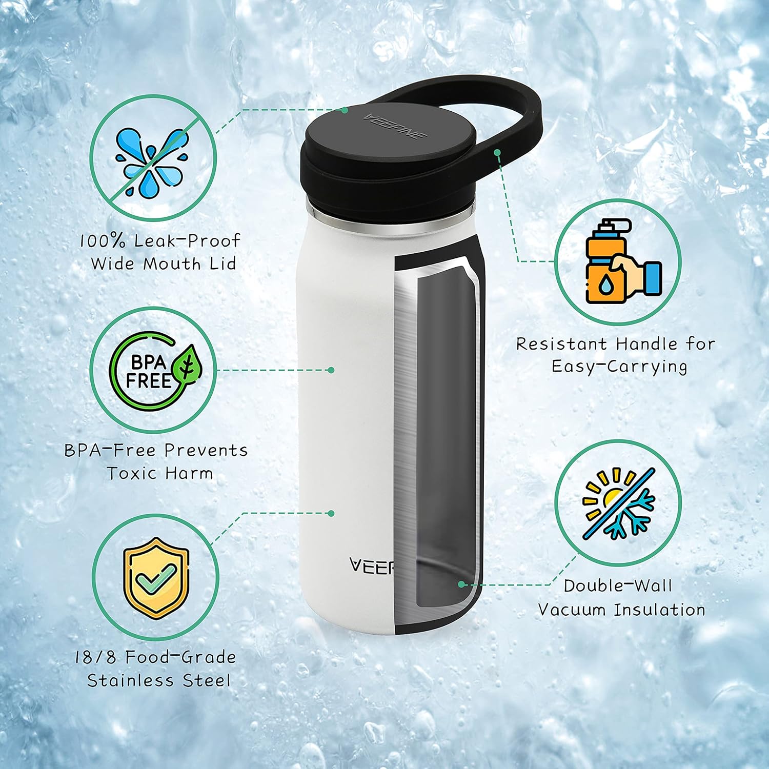 VEEFINE Water Bottle Vacuum Insulated Stainless Steel Water Bottles Keep Cold Hot Leak Proof Thermos Wide Mouth Lid BPA Free Powder Coating Sweat Free for Camping Hiking Yoga and Gym, 20/32/40oz : Home Improvement
