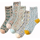 SIYIKRYP Women's Floral Embroidered Cotton Crew Socks, 5 Pairs Lace Trim Vintage Cottagecore, Soft Breathable Dress Socks