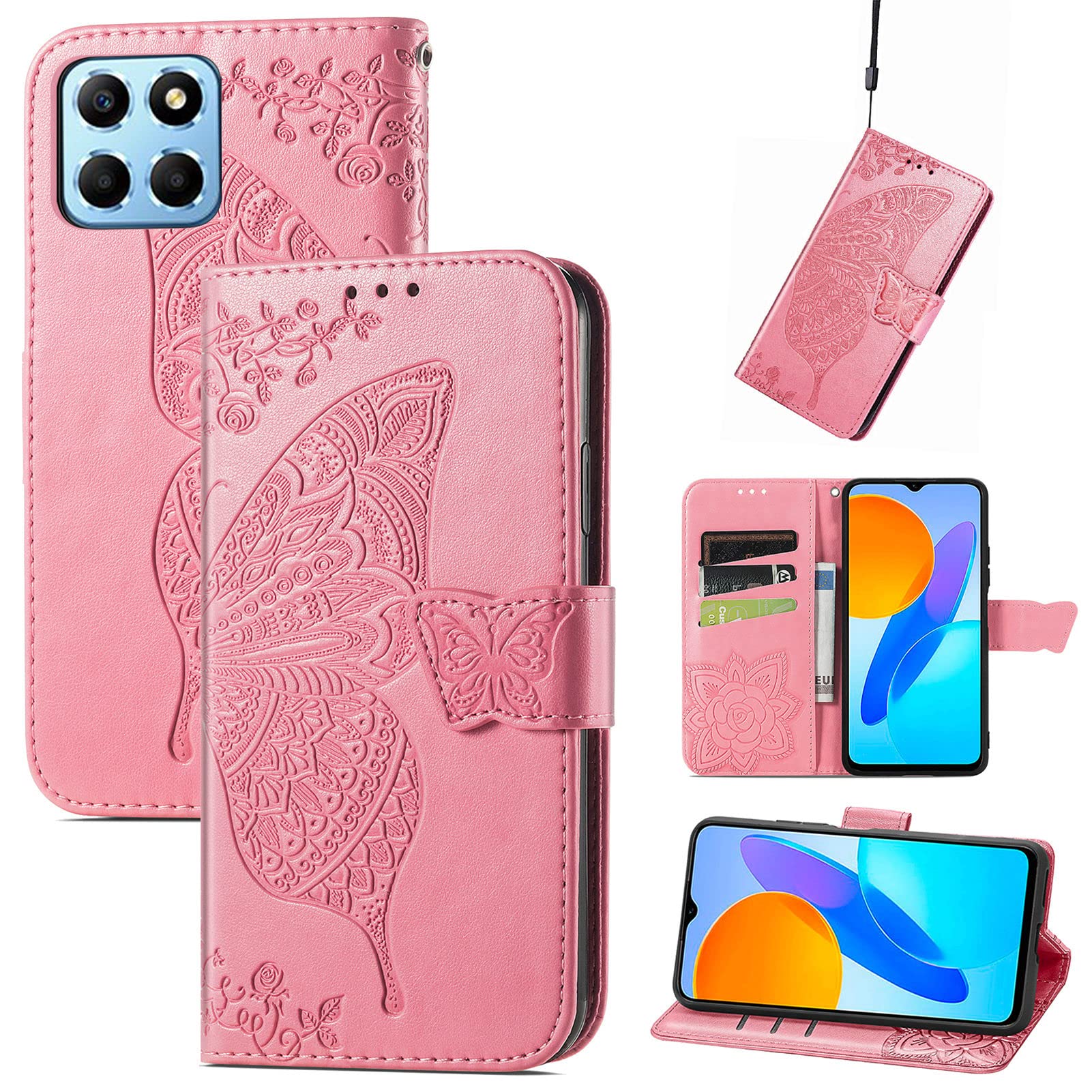 JIUNINE Case for Honor X6 / Honor X8 5G / Honor 70 Lite, Leather Wallet Case Flip Cover with Butterfly Embossed Pattern [Card Holder] [Magnetic Closure] [TPU Inner Shell] for Honor 70 Lite, Pink