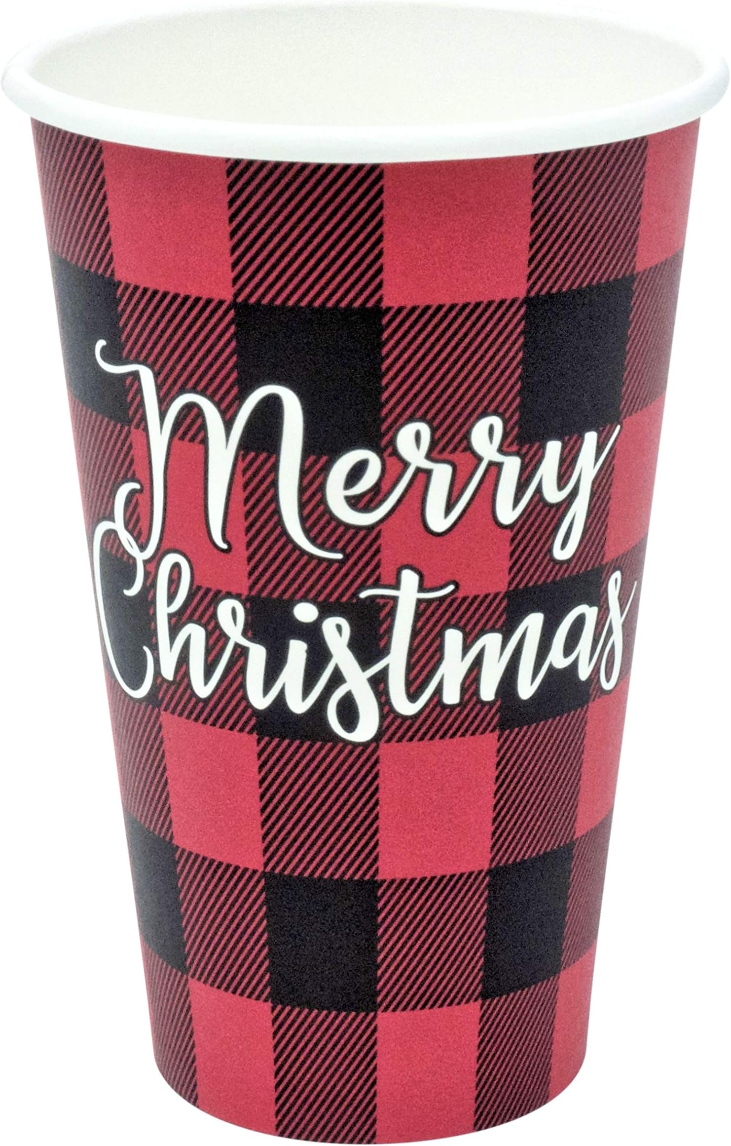 Greenhouse Compostables, Merry Christmas Paper Cups, 50 ct, 16oz - 100% Compostable, Red and Black Buffalo Check Plaid, Disposable Holiday Party Drinkware