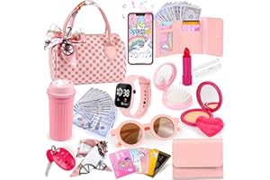 Oisacirg Play Purse for Little Girls, 32PCS Toddler Purse with Pretend Makeup for Kids, Princess Toys Includes Handbag, Phone, Wristwatch, Silk Scarf Kids Toy Purse Birthday Gift for Girls 3 4 5 6 +