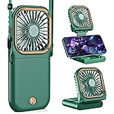 Allxin Portable Handheld Personal Necklace Fan Foldable Mini Quiet USB Rechargeable Fan With Mobile phone bracket function, 3000mAh Power Bank Hands Free Necklace Fans (Upgrade Green)