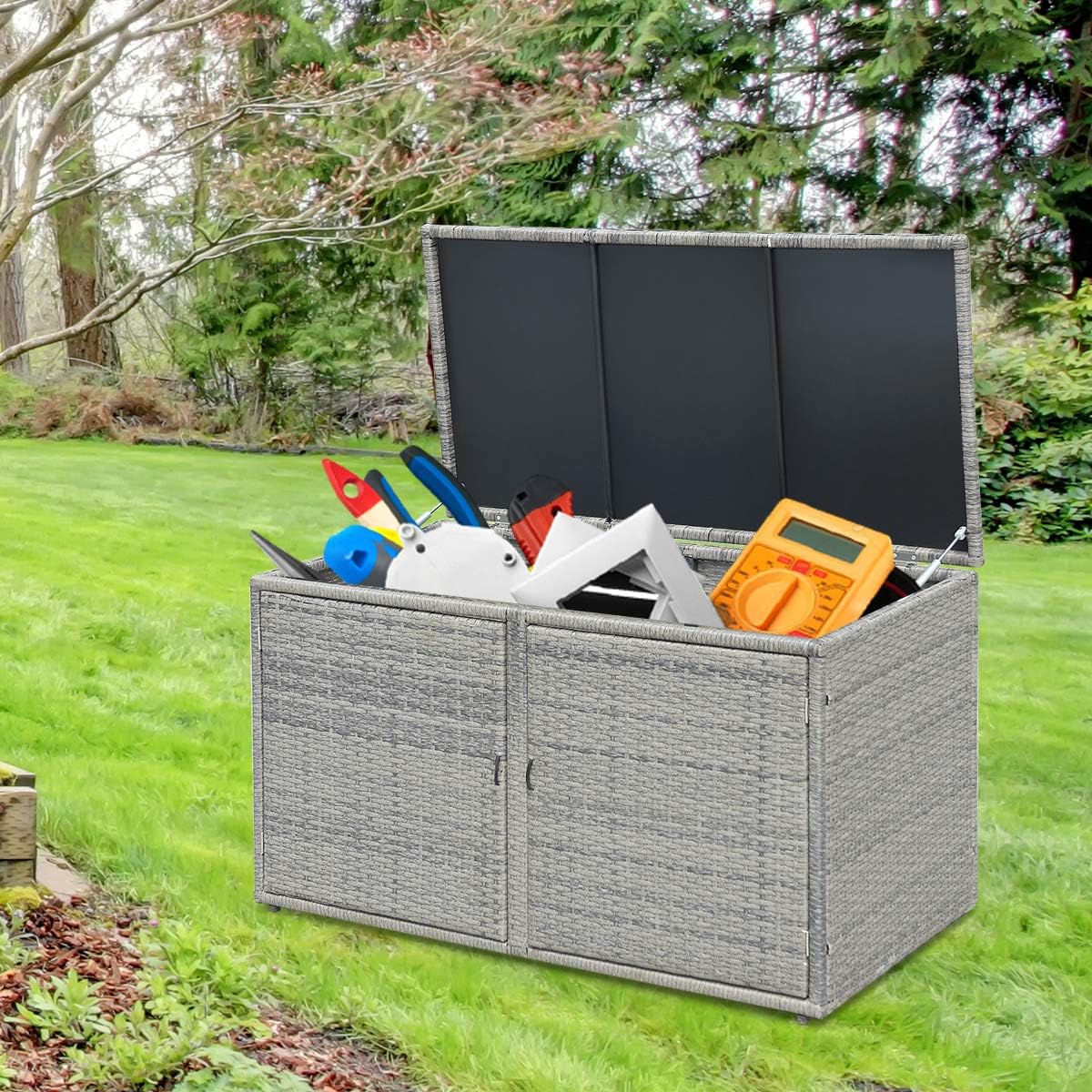 Tangkula Outdoor Wicker Storage Box, Garden Deck Bin with Steel Frame, Rattan Pool Storage Box with Lid, Ideal for Storing Tools, Accessories and Toys, 88 Gallon Capacity (Grey): Home Improvement