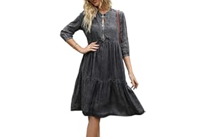 happlan Women's Denim Dress Knee-Length with O-Neck and Solid Color – Stylish and Versatile for Casual Events and Outings