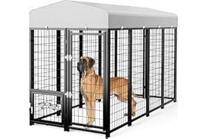 SINO LUBAN Outdoor Dog Kennel Outside with Removable Small Door&Bowls - 8x4x6FT Large Dog Kennels with Roof for Large Dogs Breed Heavy Duty Run Cage Enclosure Yard (Can Connect Your Doghouse)