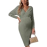guruixu Wrap V Neck Maternity Sweater Dress Rib Knit Batwing Open Back Slit Pregnancy Dresses Baby Shower Photoshoot Outfit