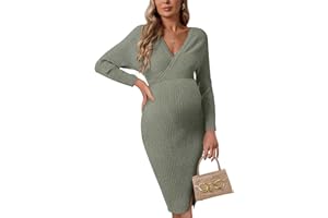 guruixu Wrap V Neck Maternity Sweater Dress Rib Knit Batwing Open Back Slit Pregnancy Dresses Baby Shower Photoshoot Outfit