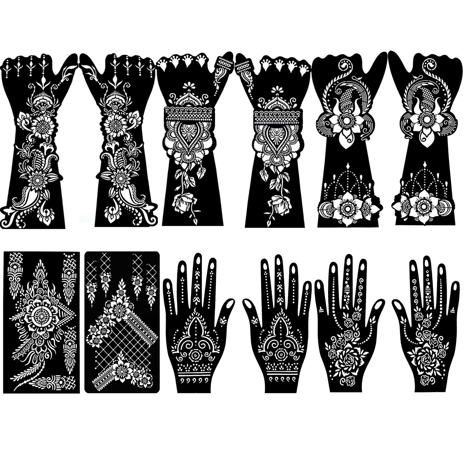 12 Sheets Large Flower Tattoo Stencils Set,Indian Design Hand Tattoo Temples Stickers for Adults Women Teenager Girls Body Makeup