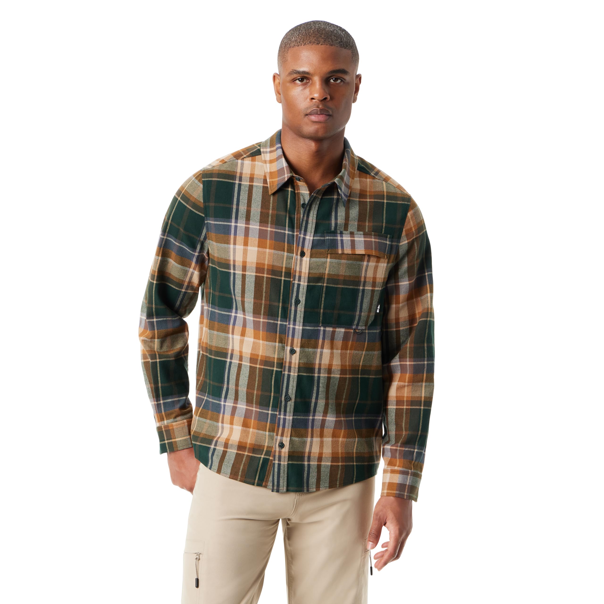 BASS OUTDOOR Men’s Stretch Flannel Button Down Shirt with Collared Neck Standard, Rubber