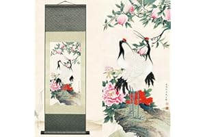 Newscz Asian Wall Art Vertical Mural for Living Room Silk Scroll Painting Art Poster White Crane - Red Crowned Crane - Grus Japonensis Oriental Decor Wall Ready to Hanger Wall Scroll 36 by 12 in