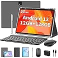 Android Tablet with Keyboard, Android 13 Tablet, 12(6+6)GB+128GB, 1TB Expand, 2 in 1 Tablet, 10 inch Tablet with Case, Mouse, Stylus, 8000mAh Battery, 2.4G/5G WiFi, GPS, Certified Tablet PC, Silver