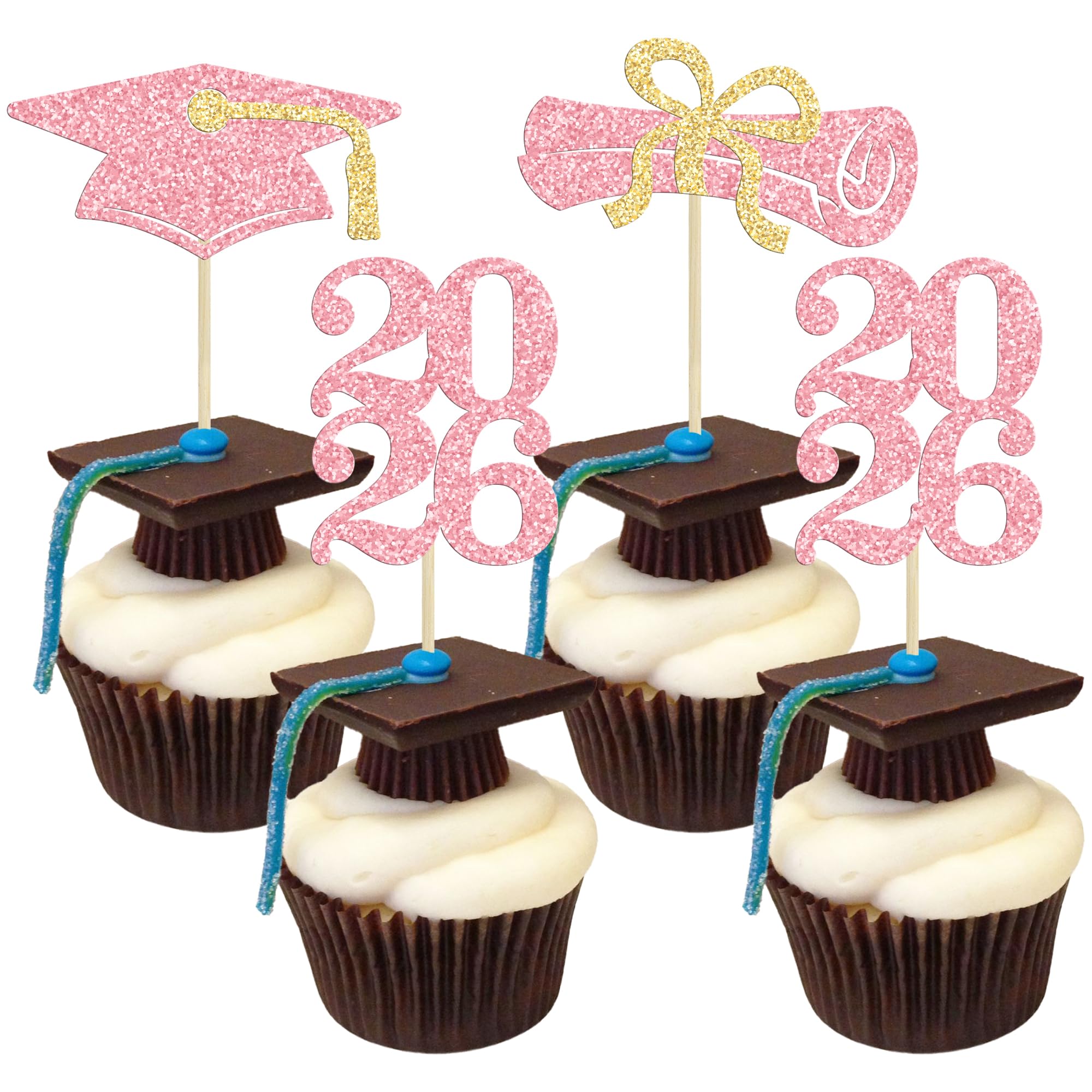 Ephlyn 24Pcs Graduation Cupcake Toppers Glitter Graduation 2026 Diploma Grad Cap Cake Topper Decorations for 2026 Theme Party Cake Decoration Supplies Pink Gold