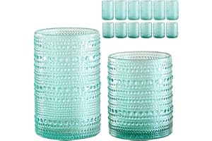 ZMOWIPDL Vintage Glassware Drinking Glasses Set of 12,Lake Blue 12oz & 15oz Hobnail Glass Cups,Embossed Water Tumbler,for Bee