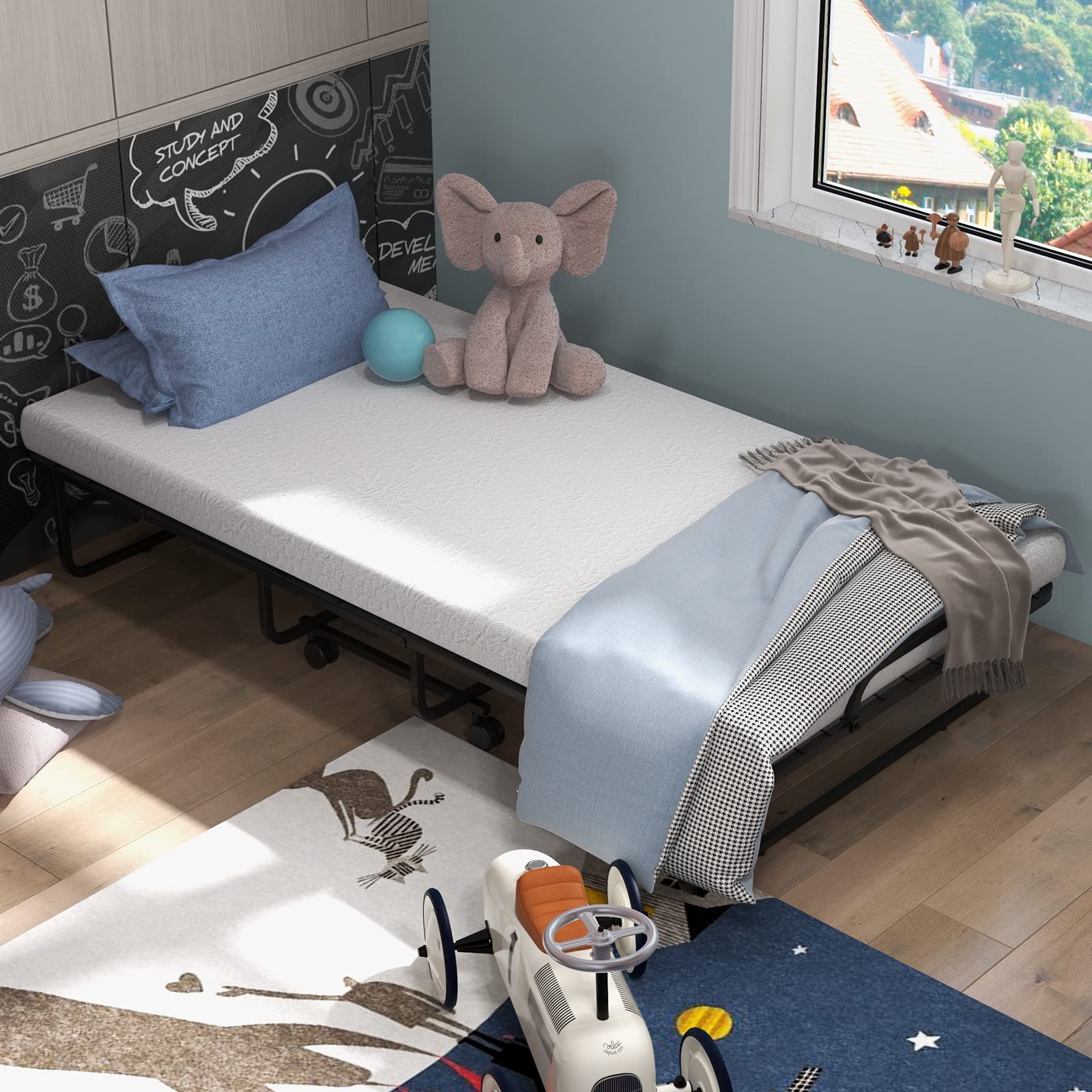 Giantex Folding Bed with 4" Mattress for Adults, Twin Size Rollaway Guest Beds w/Sturdy Metal