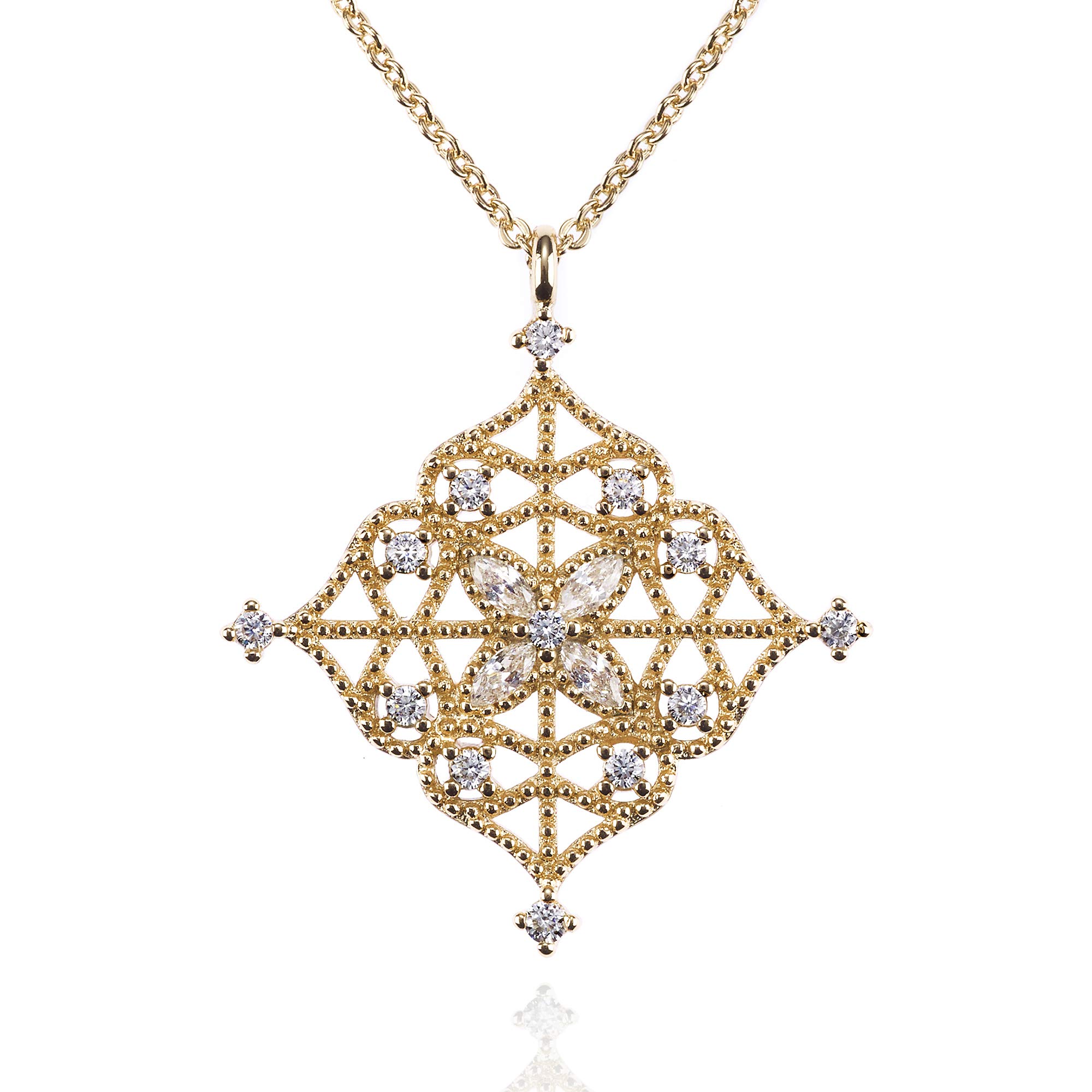 Namana Arabesque Gold Pendant Necklace. Gold Necklaces for Women set with Cubic Zirconia Gemstones on Intricate Filigree Details. Gold Necklace for Women with Gift Box