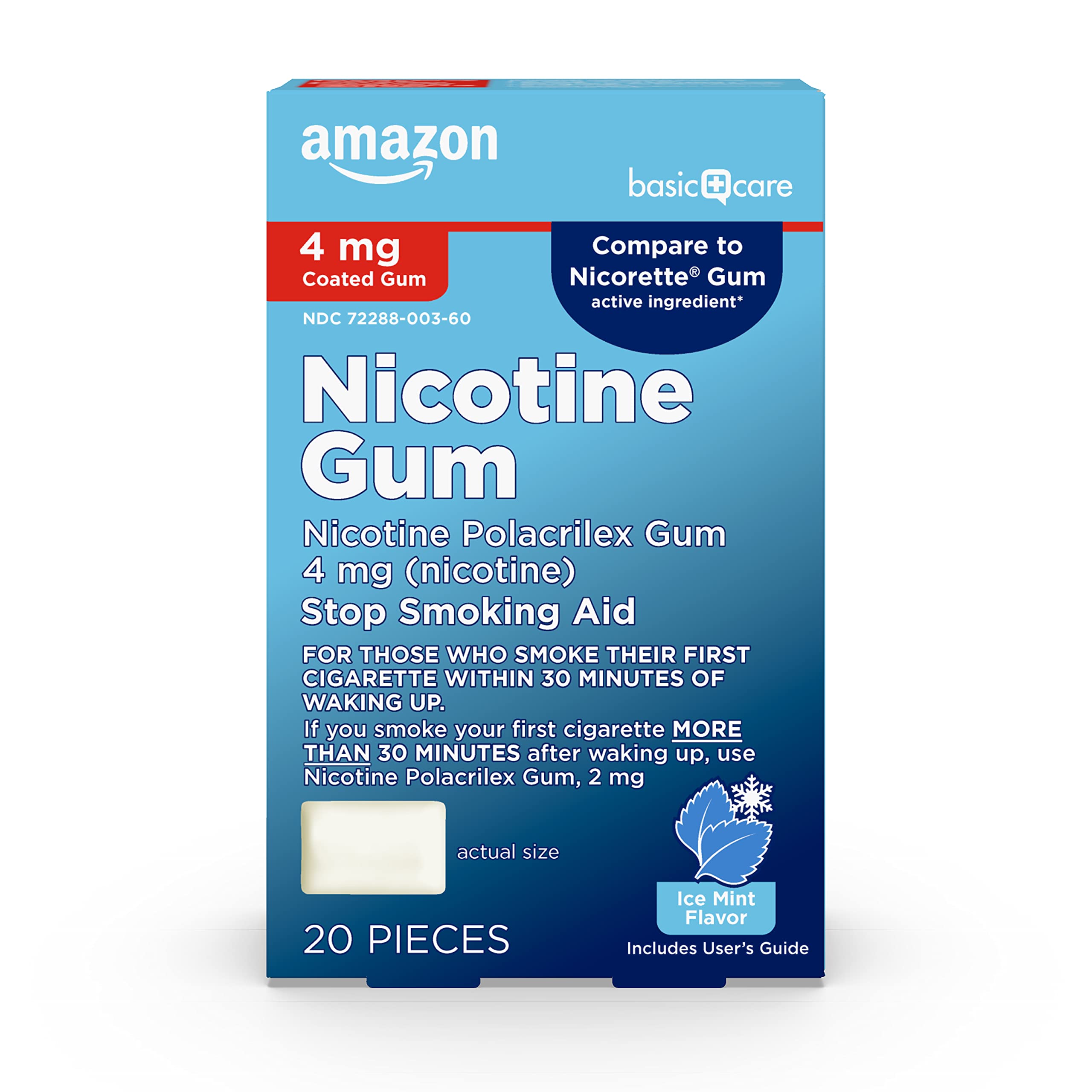 Photo 1 of Amazon Basic Care Nicotine Polacrilex Coated Gum, 4 mg (Nicotine), Ice Mint Flavor, Stop Smoking Aid, 20 Count exp 2026 sep