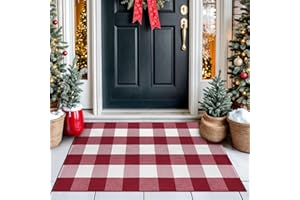 IOHOUZE Christmas Buffalo Plaid Rug 27.5 x 43 Inches Outdoor Indoor Doormat Red White Check Area Rug Woven Cotton Checkered Front Porch Mat Christmas Decor for Front Door Entryway Home Entrance