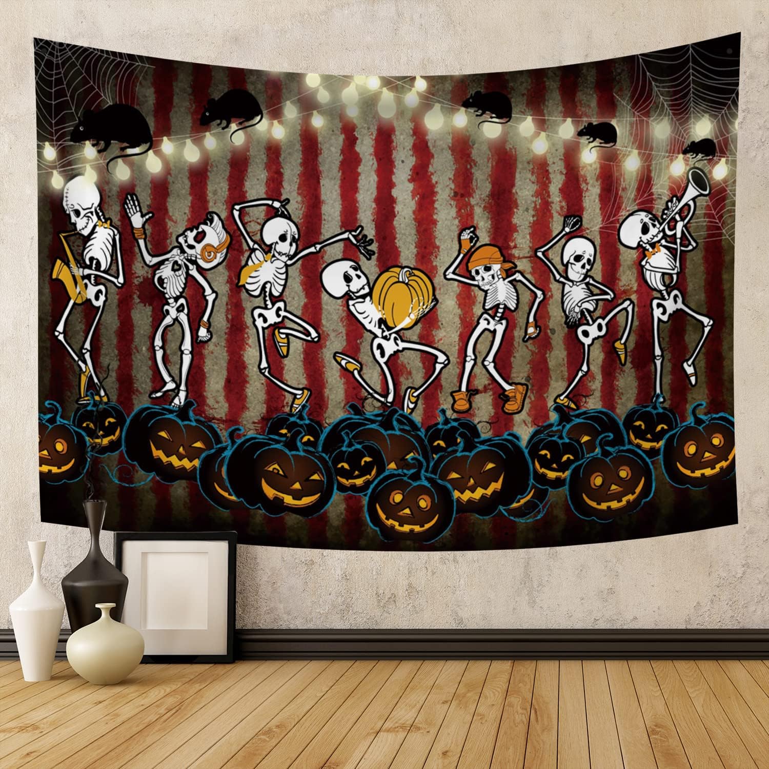 Tapestries - Skeleton Dancing with Pumpkin Halloween Tapestry Funny Skull on Red Blood Background Halloween Wall Decor Spooky Spider Web Halloween Tapestry for Bedroom Living Room Party Decor, 60x40 Inch