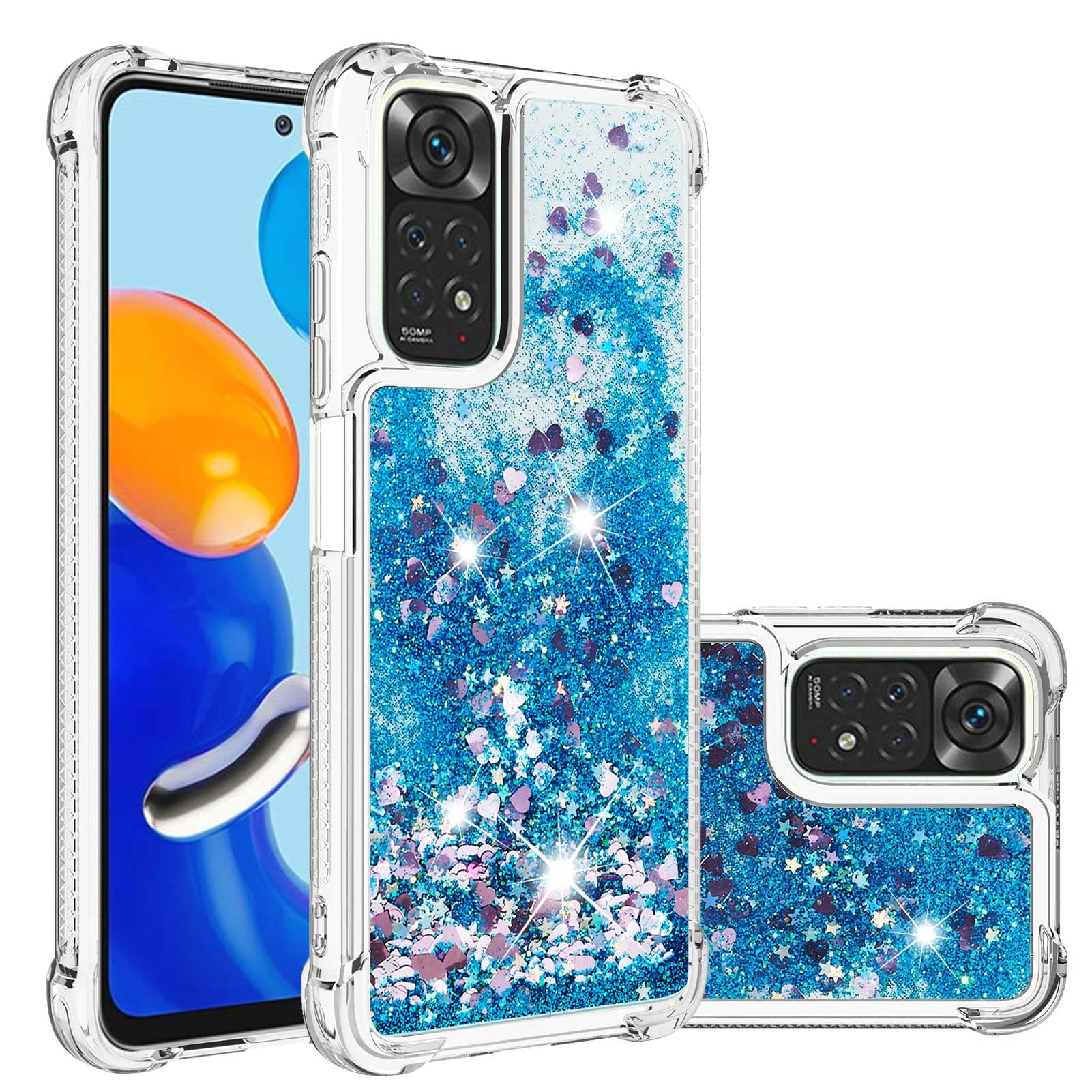 IMIRST Silicone Phone Case for Redmi Note 11 / 11s 4G, Corner Airbag Fall Protection Bling Glitter Quicksand Liquid Sparkle TPU Case Cover for Xiaomi Redmi Note 11s / 11 4G. YBW Love Blue