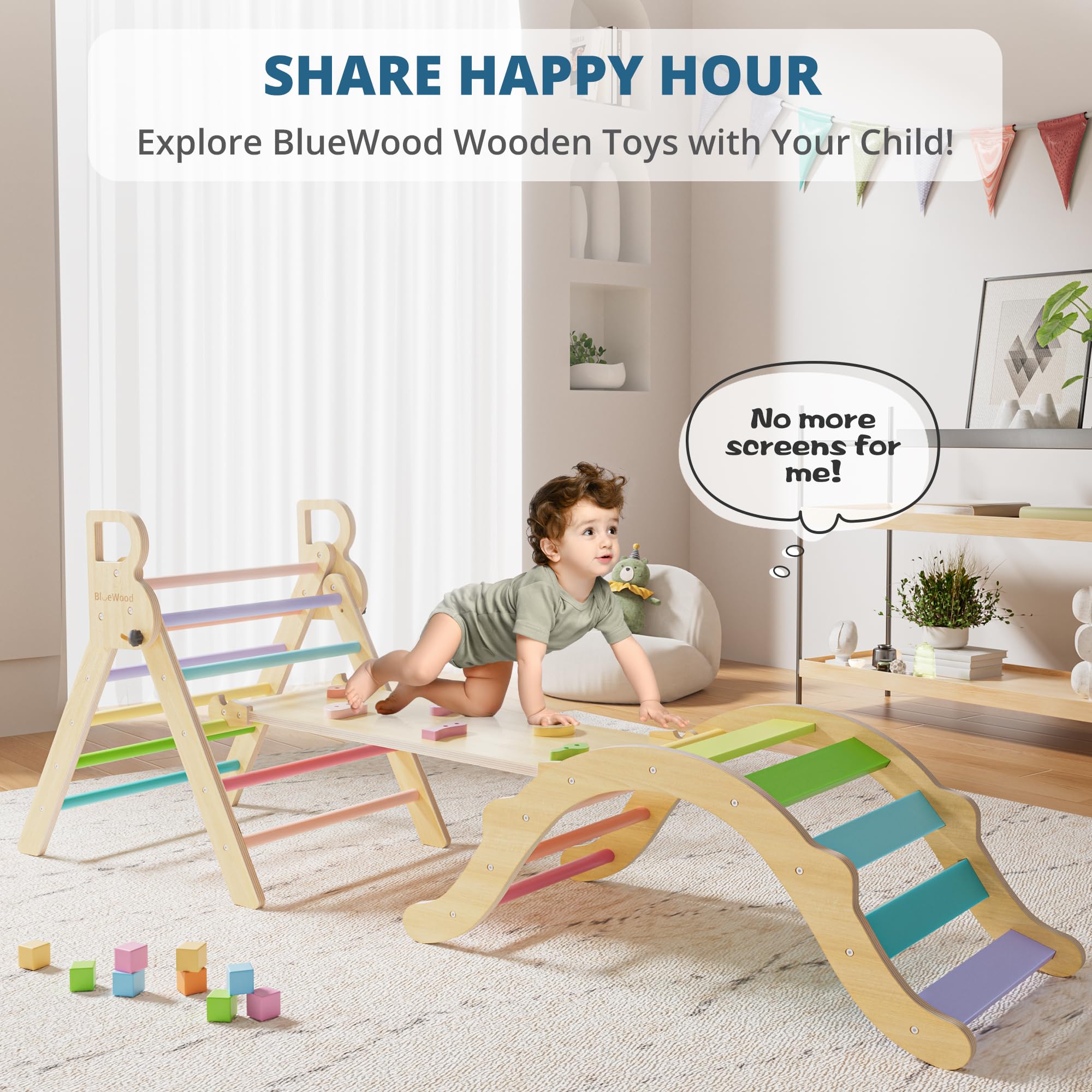 BlueWood Pikler Triangle Set, Toddler Wooden Climbing Toys Indoor 7in1 Foldable Climber for Kids, Montessori Philosophy Play Jungle Gym with Arch, Ramp, Ladder (Colorful Spring)