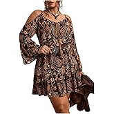 BEAUDRM Women's Plus Size Western Paisley Cold Shoulder Dress Boho Ruffle Bell Long Sleeve Vacation Summer Mini Dresses