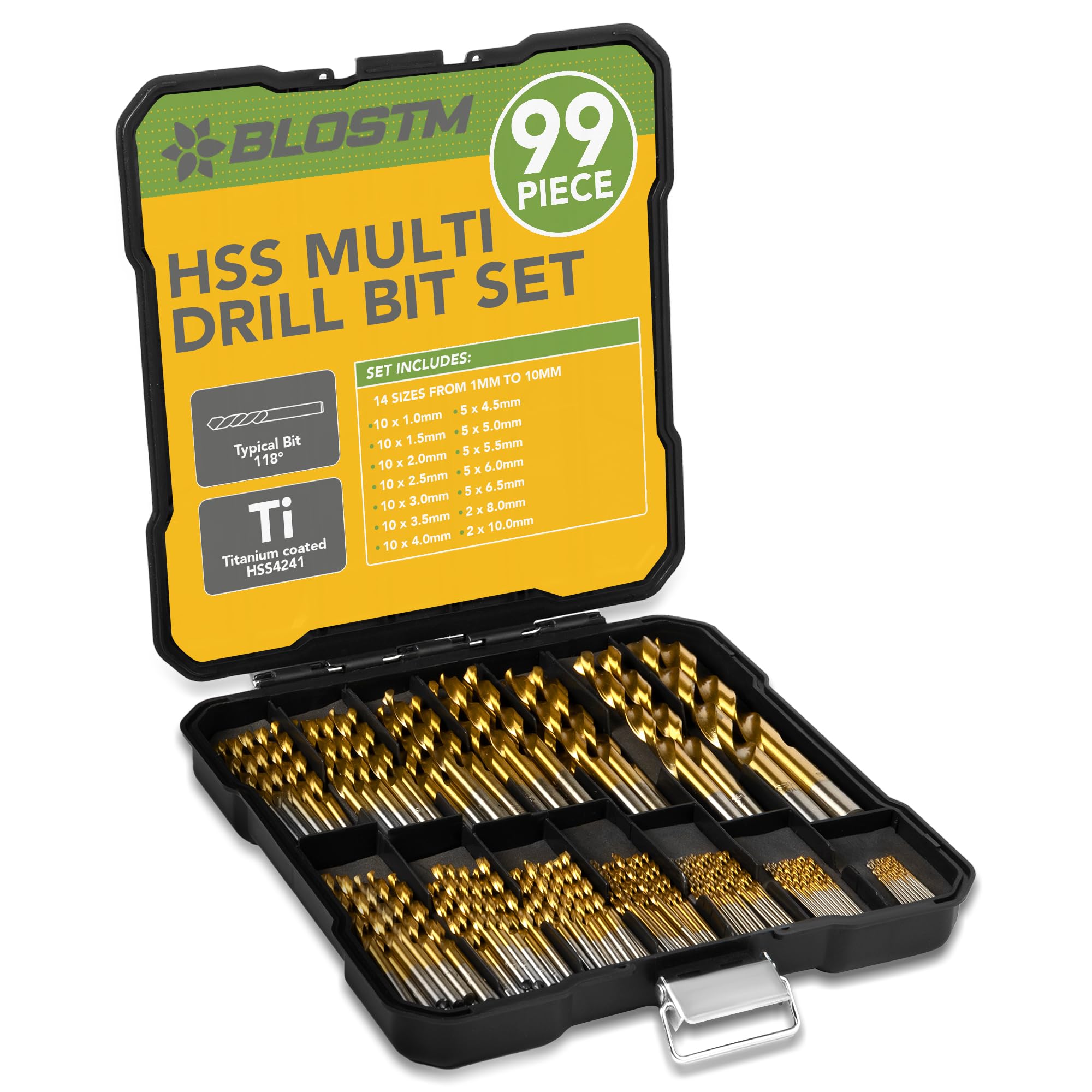 BLOSTM HSS Drill Bit Set - 99 Piece Drill Bit Sets Metric Sizes from 1 to 10mm Titanium Coated High Speed Drill Bits for Metal, Wood, Plastic in Labelled Drill Bit Case - Multi Purpose Drill Bits