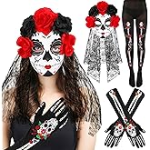 HOWAF Women's Day of the Dead Costume Set, Include Skeleton Stocking Long Arm Gloves and Mexican Flower Crown Headband, Halloween Day of the Dead Accessories Headband Thigh Socks Full Finger Gloves