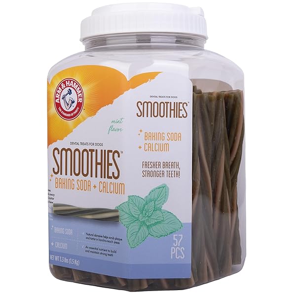 ARM & HAMMER FOR PETS SMOOTHIES DENTAL TREATS FOR DOGS WITH BAKING SODA AND CALCIUM, TREAT CHEWS HELP FIGHT BAD BREATH, PLAQUE & TARTAR WITHOUT BRUSHING, MINT, 57 PCS (PACKAGING MAY VARY)