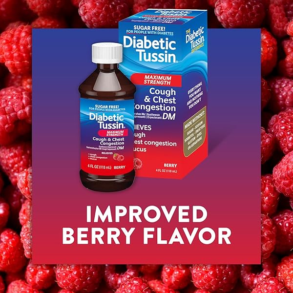 DIABETIC TUSSIN DM MAX STRENGTH COUGH & CHEST CONGESTION RELIEF, SAFE FOR DIABETICS, BERRY FLAVORED, 8 FL OZ. (PACK OF 1)