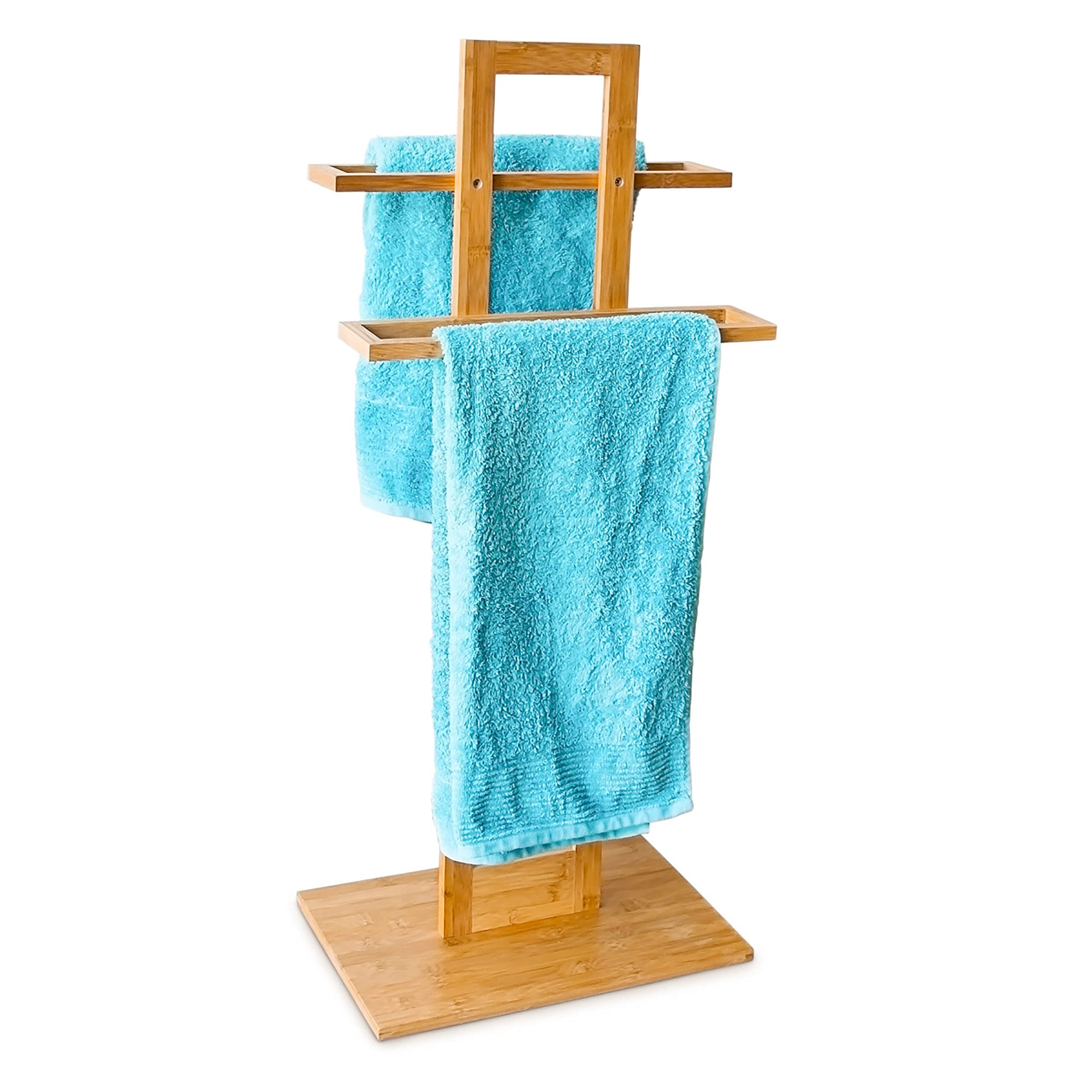 Relaxdays Bamboo Towel Holder, 37 X 25 X 85 cm, Free-Standing Towel Rack for 2 Towels, Small Clothes Butler, Natural Brown