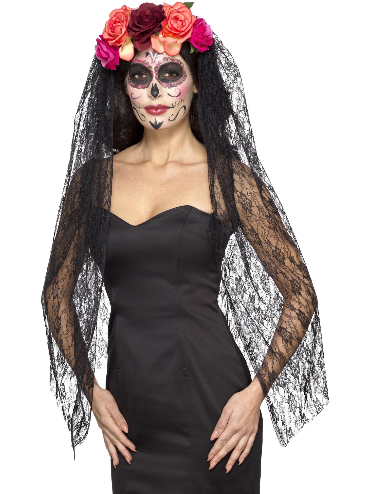 Deluxe Day of the Dead Headband Red & Black With Roses & Veil
