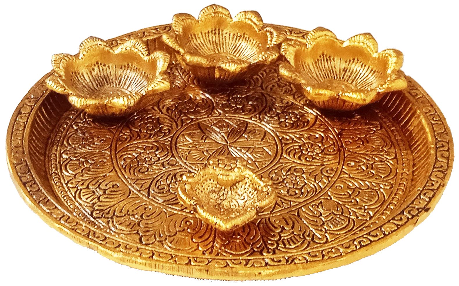 Purpledip Metal Puja Thali Welcome Plate: 3 Bowls, 1 Diya & Holy Symbol (12201)