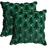 AVOIN colorlife Christmas Tree Star Green Throw Pillow Cover Set of 2, 18 x 18 Inch Soft Plush Faux Fur Jacquard Festivals Winter Cushion Case Decoration for Sofa Couch