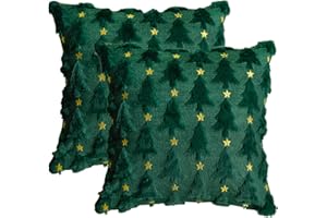 AVOIN colorlife Christmas Tree Star Green Throw Pillow Cover Set of 2, 18 x 18 Inch Soft Plush Faux Fur Jacquard Festivals Winter Cushion Case Decoration for Sofa Couch