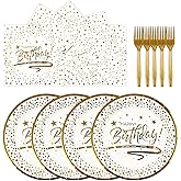72PCS Happy Birthday Plates and Napkins Party Supplies, White Gold Dot Paper Plates and Napkins with Forks Disposable Tableware Set for Birthday Party Decorations, Serves 24