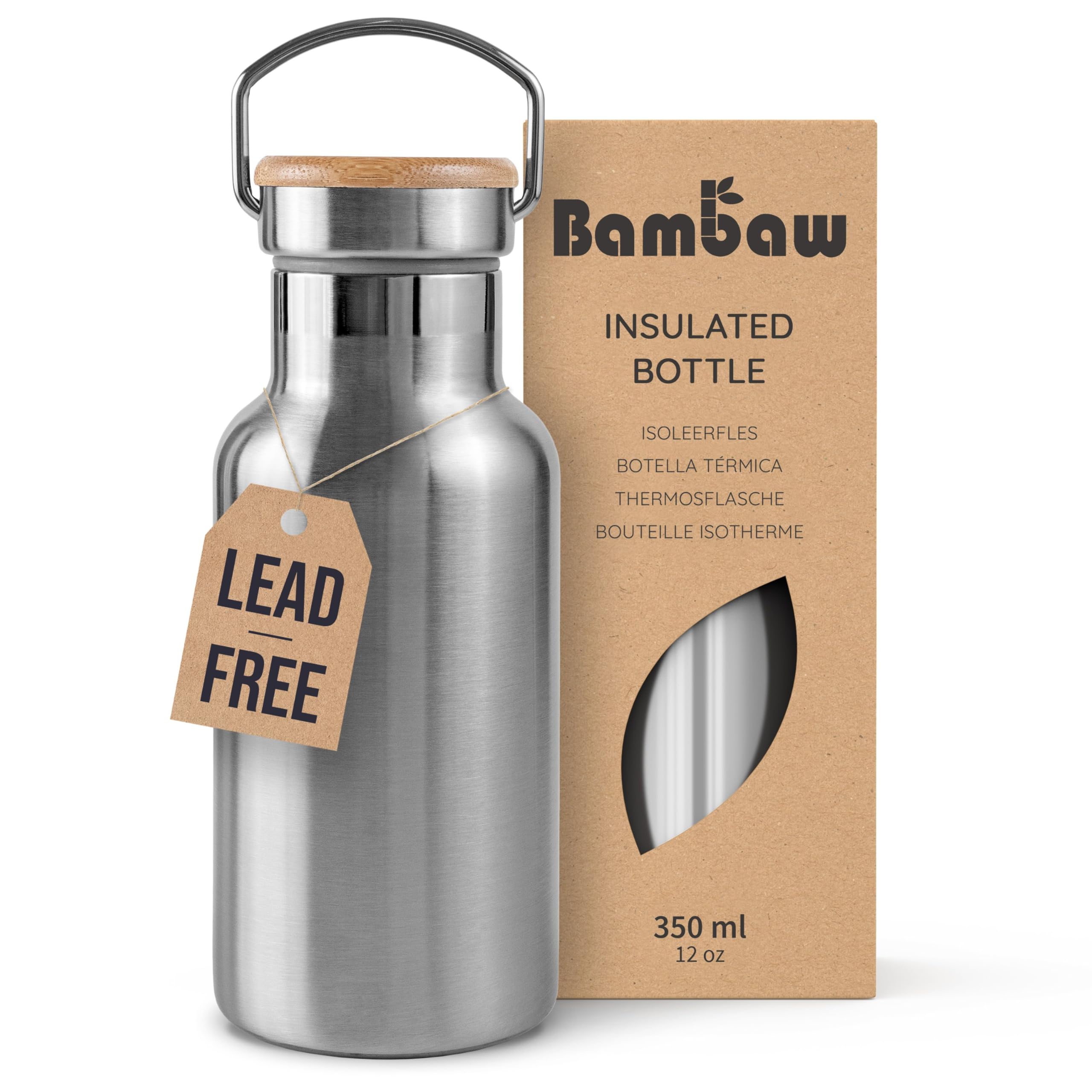 Bambaw Insulated Water Bottle Stainless Steel 350 ml, Wide Mouth for Easy Cleaning, 350ml Insulated Water Bottle Metal, Reusable, Lightweight & Rust-Resistant, Great for Travel (Natural Steel)