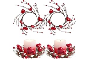 BLESKY 2 Pcs Valentine Candle Rings Wreaths Valentines Day Mini Wreath 9.5" Wide Red Heart and Berry Candle Holder Rings for Valentine's Day Wedding Windows Table Centerpieces