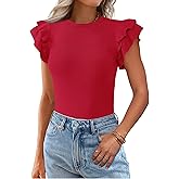 KIRUNDO Summer Sweaters for Women Lightweight 2025 Fall Ruffle Short Sleeve Business Casual Tops Slim Soft Knit T Shirts