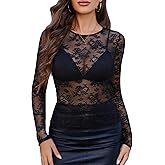 Avidlove Lace Mesh Top for Women Long Sleeve Crew Neck Sheer Blouse See Through Floral Lace Tops