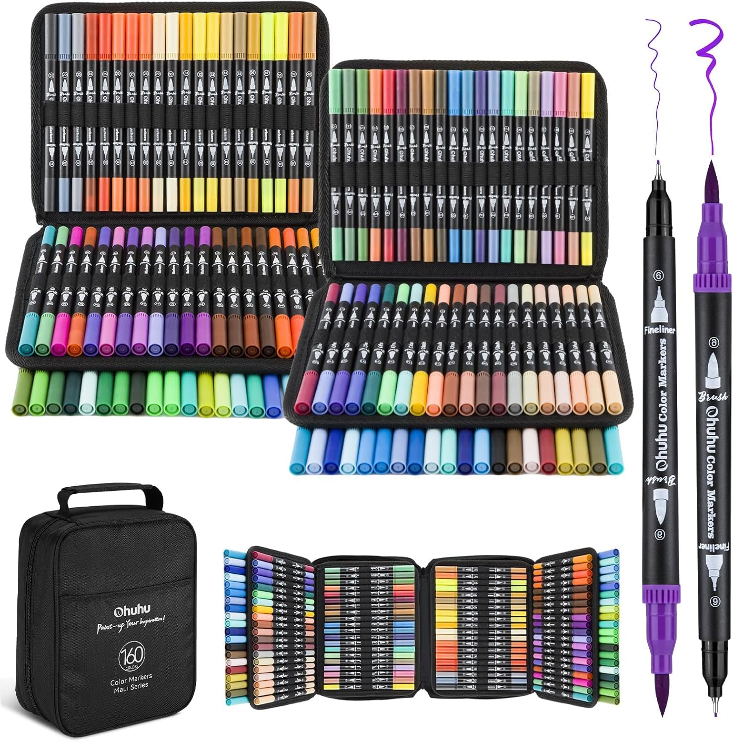 Ohuhu 160 Colouring Pens, Dual Tip Brush Pens Felt Tip Pens Art Markers with Fineliner, for Adults Colouring Book Drawing Calligraphy Sketching Journal, Maui - Carrying Bag